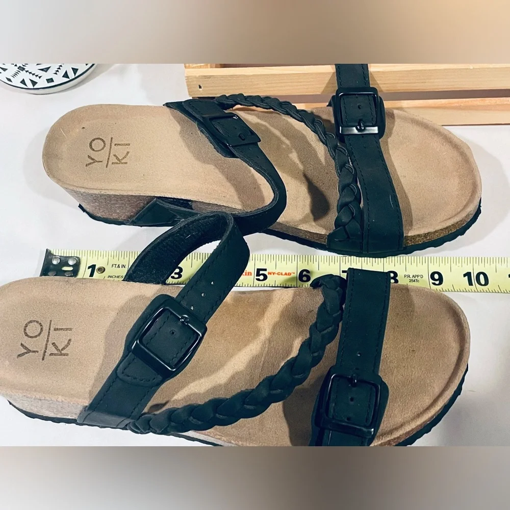EUC Black Double Strap Braided Leather Corkboard Sandals | Size 9